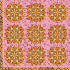 Mandala-starburst_Spinning_Starr-scarf_with_Boarder-on pink_12x12