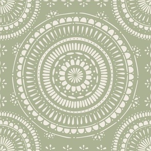 mandala - creamy white _ light sage green - hand drawn geometric tile