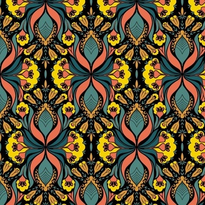 folk floral motif, black background, medium   