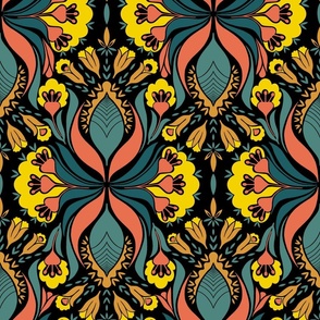 folk floral motif, black background, large 