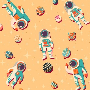 Retro Space Travel - Astronauts in space in peach orange L