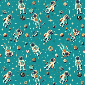 Retro Space Travel - Astronauts in space teal M