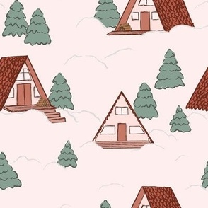 Winter A-Frame Cabins in the Snowy Woods in Classic Crimson Red