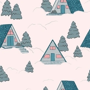Winter A-Frame Cabins in the Snowy Woods in Frosty Blue-Green