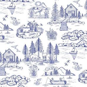 Toile de Jouy - Lake of the Woods - Blue on White - Nautical - Camping - Large Scale 1