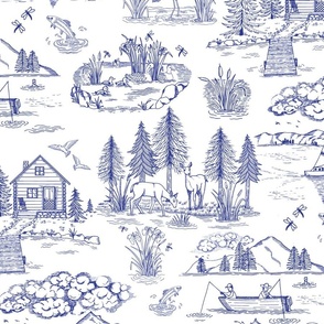 Toile de Jouy - Lake of the Woods - Blue on White - Nautical - Camping - Large Scale 2