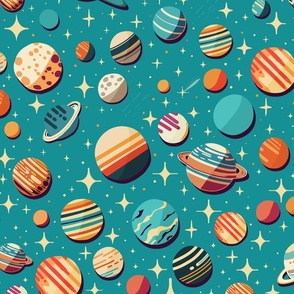 Retro Space Travel - Planets in the sky teal L