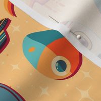 Retro Space Travel - Rockets and satellites in orange peach M