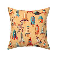 Retro Space Travel - Rockets and satellites in orange peach M