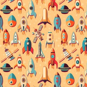 Retro Space Travel - Rockets and satellites in orange peach M