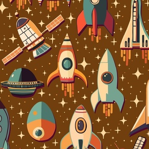 Retro Space Travel - Rockets and satellites brown L