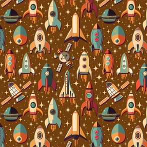 Retro Space Travel - Rockets and satellites brown M