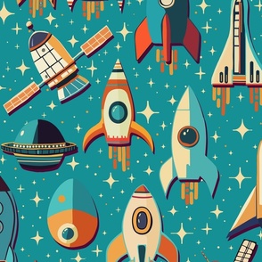 Retro Space Travel - Rockets and satellites teal L