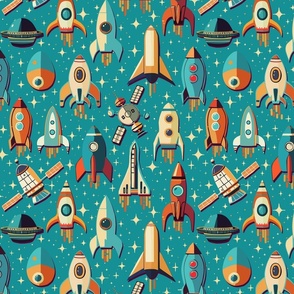 Retro Space Travel - Rockets and satellites teal M