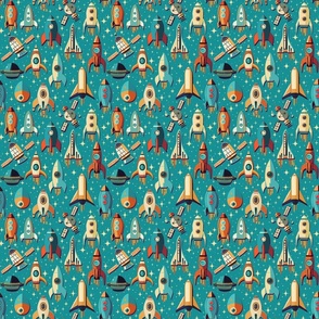Retro Space Travel - Rockets and satellites teal S