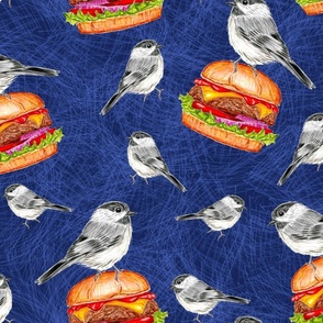 Cheeseburger Tahoe Bird Tossed on Blue Large Scale