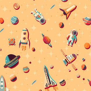 Retro Space Travel - Rockets and astronauts over an orange peach celestial universe L