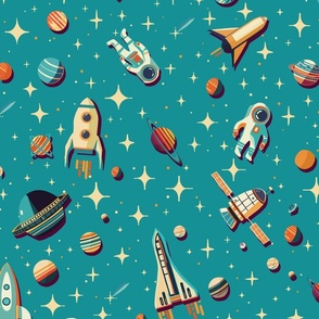 Retro Space Travel - Rockets and astronauts over a teal celestial universe L