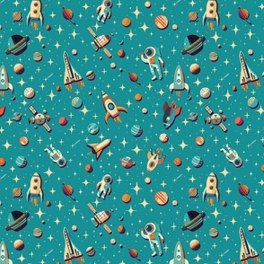 Retro Space Travel - Rockets and astronauts over a teal celestial universe M