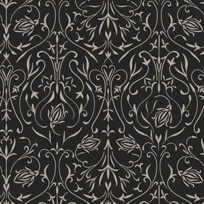 damask 02 - cloudy silver taupe _ raisin black - traditional wallpaper
