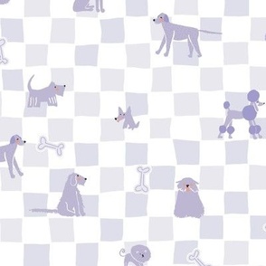 cute handrawn dogs and bones on checkerboard checkers - Pastel Lavender Purple Violet