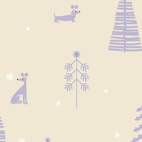 dogs and christmas trees and stars and snowflakes - Eggshell cream white and Lavender