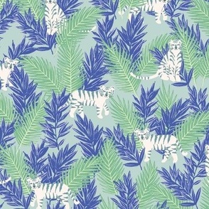Tigers in the Jungle in Green, Blue and Cream