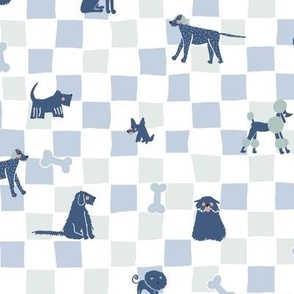 cute handrawn dogs and bones on checkerboard checkers - sapphire cobalt blue