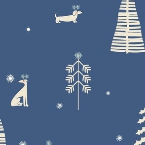 dogs and christmas trees and stars and snowflakes -  sapphire cobalt blue