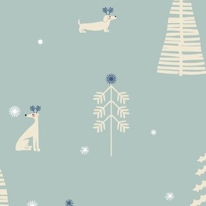 dogs and christmas trees and stars and snowflakes -  seafoam mint green blue