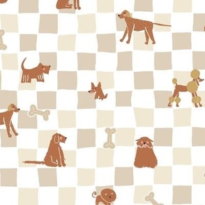 cute handrawn dogs and bones on checkerboard checkers - honey yellow mustard gold and ginger brown