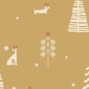 dogs and christmas trees and stars and snowflakes -  honey yellow mustard gold