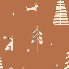 dogs and christmas trees and stars and snowflakes -  cinnamon ginger brown