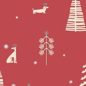 dogs and christmas trees and stars and snowflakes -  cranberry red