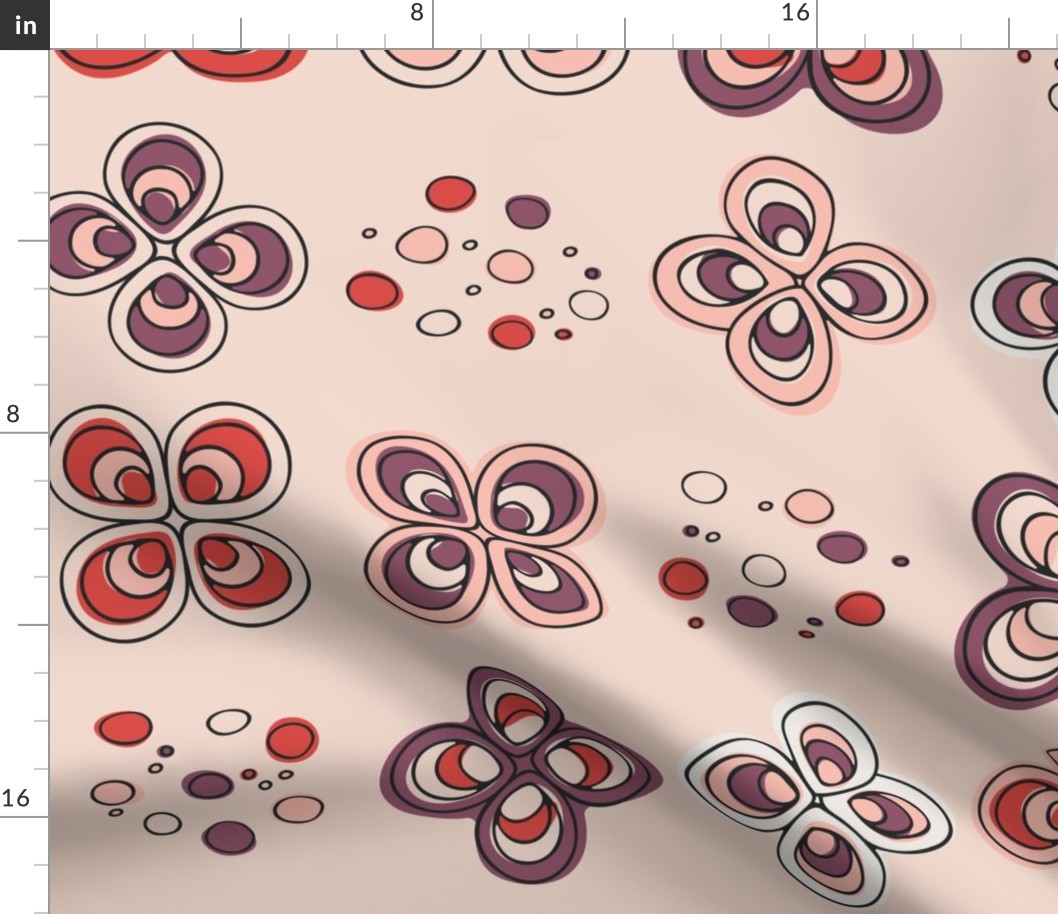 L | Plum Violet and Red Abstract Butterfly Wings Retro Floral Doodle Grid with Dots on Soft Pink