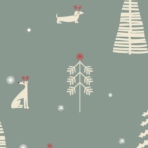 dogs and christmas trees and stars and snowflakes -  muted sage green