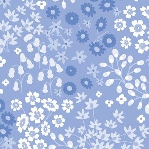 Pretty Indie garden flowers in mid tones forget me not blue and white large scale