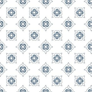 Simple geometric floral rosette pattern in French country style in Hampton Blue and white