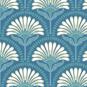 Art Deco Scallop with simple Daisy Floral in natural white, teal and ocean blue