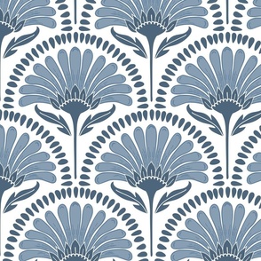 Art Deco Scallop with simple Daisy Floral in a Hampton blue and white palette on pale blue large scale