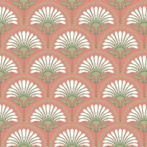 Art Deco Scallop with simple Daisy Floral in coral pink, natural white and soft green small scale