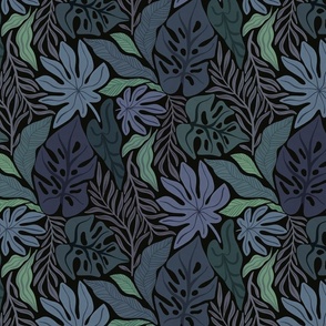 Lush tropical leaves: a vibrant pattern with exotic leaves, blue hues