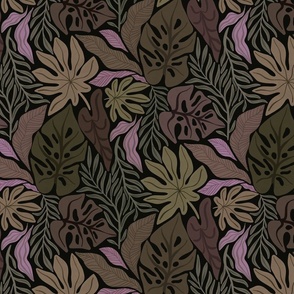 Lush tropical leaves: a vibrant pattern with exotic leaves, pink and green hues