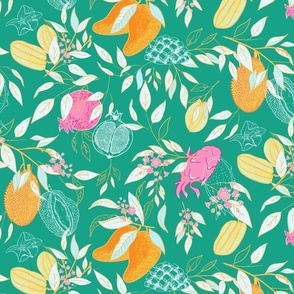 Exotic Fruits Tropical Paradise in Green Pink Yellow Orange - Large-