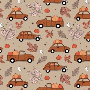 Driving home for fright night cars - halloween pumpkins and autumn leaves traffic moon and stars burnt orange seventies brown beige  rust on beige tan