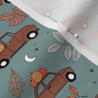 Driving home for fright night cars - halloween pumpkins and autumn leaves traffic moon and stars vintage hazelnut on moody blue