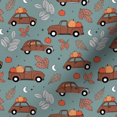 Driving home for fright night cars - halloween pumpkins and autumn leaves traffic moon and stars vintage hazelnut on moody blue