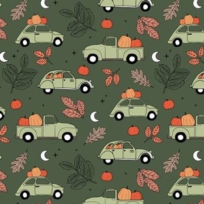 Driving home for fright night cars - halloween pumpkins and autumn leaves traffic moon and stars orange brown sage green on olive