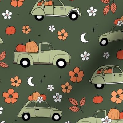 Vintage Floral Halloween cars - seventies flowers pumpkins and autumn leaves traffic moon and stars orange blue