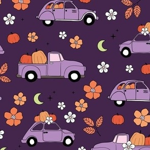 Driving home for fright night cars - halloween pumpkins and autumn leaves traffic moon and stars orange coral purple lilac